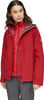 Frau in roter Jacke mit Kapuze und grauer Hose, Vorderansicht.