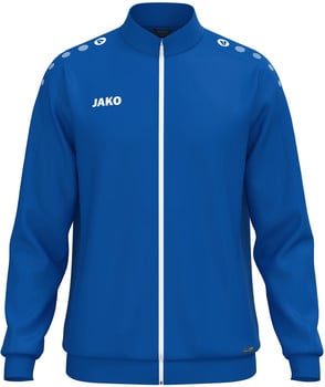 Blaue Jako Jacke mit weißem Reißverschluss und Logo auf der Brust.