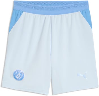Hellblaue Fußballshorts mit Manchester City und Puma Logo.