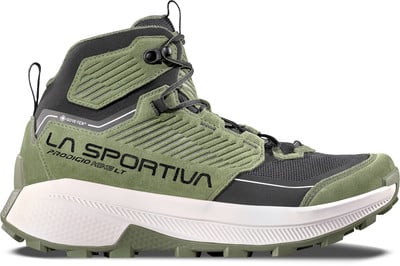 Grüner La Sportiva Wanderschuh mit Gore-Tex Membran und weißer Sohle. Grüner La Sportiva Wanderschuh mit Gore-Tex Membran und weißer Sohle.