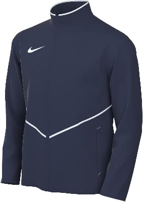 Dunkelblaue Nike Jacke mit weißem Logo und weißen Streifen.