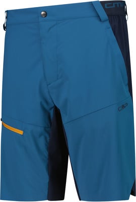 Blaue Herrenshorts mit dunkelblauen Seitenbahnen und orangefarbener Tasche. Blaue Herrenshorts mit dunkelblauen Seitenbahnen und orangefarbener Tasche.