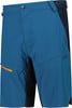 Blaue Herrenshorts mit dunkelblauen Seitenbahnen und orangefarbener Tasche.