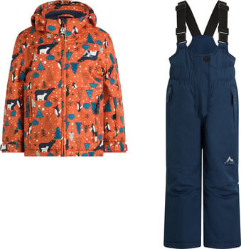 Kinder-Winterjacke mit Tiermotiv und blaue Latzhose.