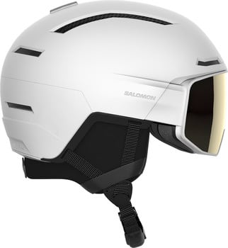 Weißer Salomon Skihelm mit goldener Visier und schwarzen Riemen.