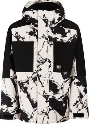 Jacke mit auffälligem schwarz-weißem abstraktem Aufdruck und Kapuze. Jacke mit auffälligem schwarz-weißem abstraktem Aufdruck und Kapuze.