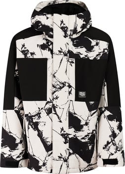 Jacke mit auffälligem schwarz-weißem abstraktem Aufdruck und Kapuze.