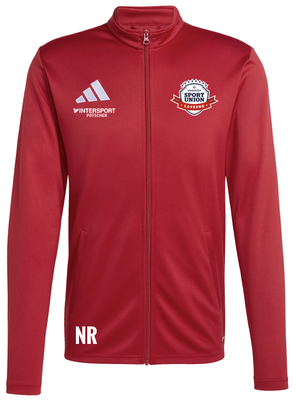 Rote Jacke mit Adidas, Intersport und Sportunion Labberg Logo.