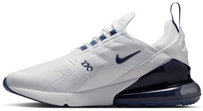 Fehér Nike Air Max 270 edzőcipő sötétkék részletekkel és átlátszó talppal. Fehér Nike Air Max 270 edzőcipő sötétkék részletekkel és átlátszó talppal.
