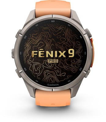 Garmin Fenix 9 Pro Smartwatch mit orangefarbenem Armband und Topografie-Karten-Design. Garmin Fenix 9 Pro Smartwatch mit orangefarbenem Armband und Topografie-Karten-Design.