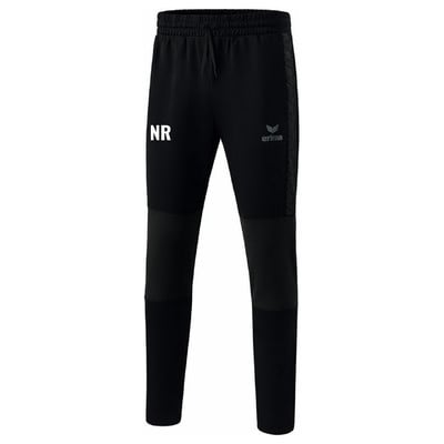 Schwarze Sporthose mit weißem NR-Schriftzug und Erima-Logo.