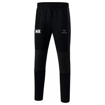 Schwarze Sporthose mit weißem NR-Schriftzug und Erima-Logo.