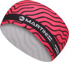 Ein pinkes Martini-Stirnband mit schwarzem Wellenmuster und Logo.