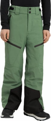 Grüne Skihose mit schwarzen Details und Reißverschlusstaschen.