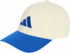 Weiße Kappe mit blauem Schirm und Adidas-Logo.