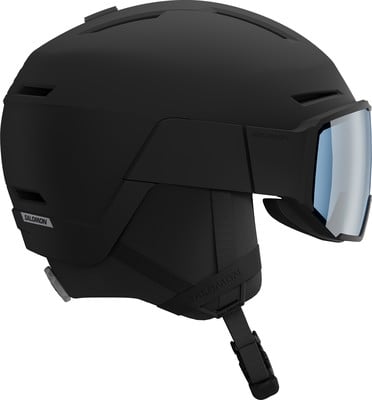 Schwarzer Salomon Skihelm mit integrierter Skibrille und blauer Spiegellinse. Schwarzer Salomon Skihelm mit integrierter Skibrille und blauer Spiegellinse.