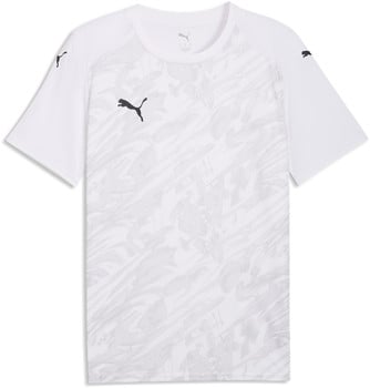 Weißes Puma-T-Shirt mit schwarzem Logo und abstraktem Muster.