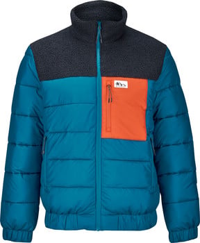 Bunte Steppjacke mit orangefarbener Tasche und Fleecekragen.