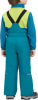Rückansicht einer blauen Skihose mit Latz und neongrüner Weste.