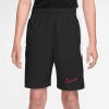 Schwarze Shorts mit weißem Streifen und rotem Nike-Logo am Oberschenkel.