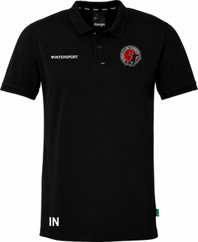 Schwarzes Poloshirt mit Intersport-Logo und Teamwappen.