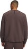 Rückansicht eines Mannes in einem braunen Sweatshirt mit schwarzem Saum und Logo am Rücken.