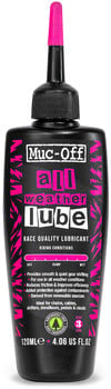 Schwarze Flasche mit rosa Verschluss und Aufschrift Muc-Off All Weather Lube.