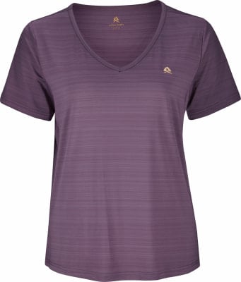 Damen-T-Shirt mit kurzen Ärmeln und V-Ausschnitt in Dunkelviolett. Damen-T-Shirt mit kurzen Ärmeln und V-Ausschnitt in Dunkelviolett.