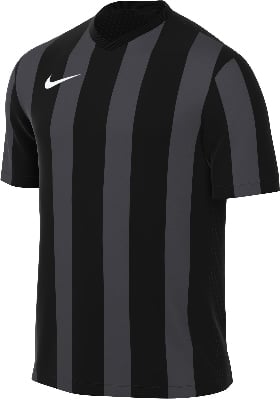 Schwarzes T-Shirt mit dunkelgrauen vertikalen Streifen und Nike-Logo.