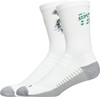 Zwei weiße Socken mit Aufdruck und grauem Absatz und Zehen.