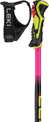 Ein Skistock mit schwarzem Griff und rosa Schaft. Ein Skistock mit schwarzem Griff und rosa Schaft.