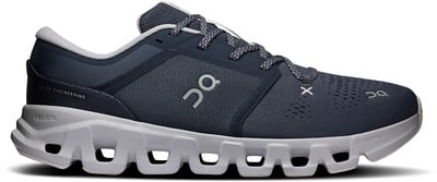Blauer Laufschuh mit weißer Sohle und ON-Logo.