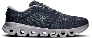 Blauer Laufschuh mit weißer Sohle und ON-Logo.