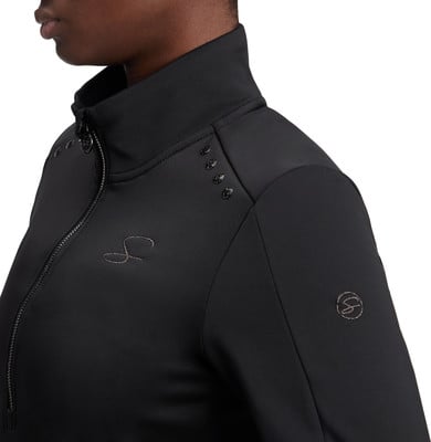 Schwarze Jacke mit hohem Kragen und Ziersteinen auf der Schulter. Schwarze Jacke mit hohem Kragen und Ziersteinen auf der Schulter.
