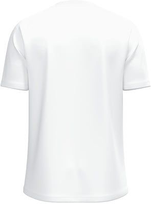 Rückansicht eines weißen T-Shirts mit kurzen Ärmeln und Rundhalsausschnitt. Rückansicht eines weißen T-Shirts mit kurzen Ärmeln und Rundhalsausschnitt.