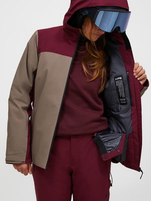 Damen-Skijacke mit Kapuze und Brille, in Weinrot und Beige. Damen-Skijacke mit Kapuze und Brille, in Weinrot und Beige.