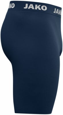 Marineblaue kurze Hose mit JAKO-Logo auf dem Bund.