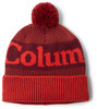 Rote Strickmütze mit Bommel und Columbia-Aufschrift.