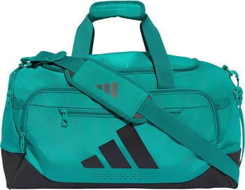 Grüne Adidas Sporttasche mit großem Logo und Riemen.