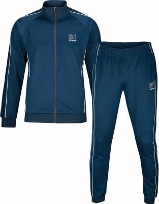 Ein dunkelblaues Trainingsanzug-Set mit weißen Streifen und einem Logo. Ein dunkelblaues Trainingsanzug-Set mit weißen Streifen und einem Logo.