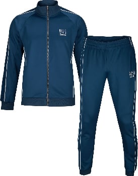 Ein dunkelblaues Trainingsanzug-Set mit weißen Streifen und einem Logo.