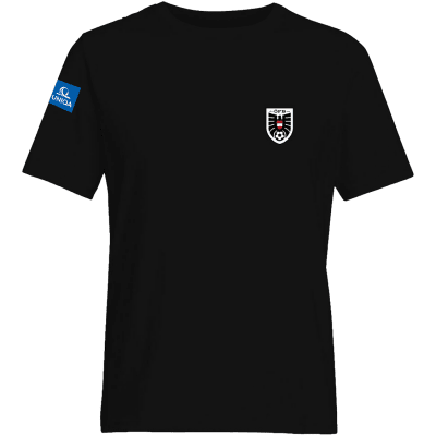 Schwarzes T-Shirt mit Fußballverband-Logo und Sponsorenlogo.