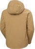 Rückansicht einer beige Kapuzenjacke mit dunklem Logo auf dem Rücken.