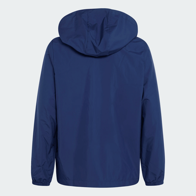 Rückansicht einer dunkelblauen Jacke mit Kapuze. Rückansicht einer dunkelblauen Jacke mit Kapuze.