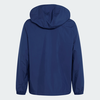 Rückansicht einer dunkelblauen Jacke mit Kapuze.