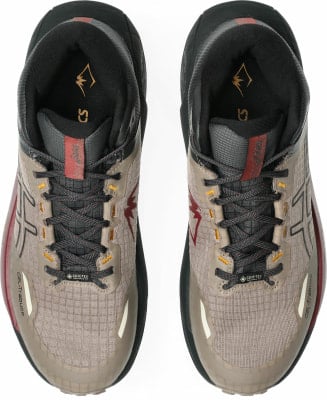 Draufsicht auf ein Paar beiger Laufschuhe mit roten und schwarzen Details.