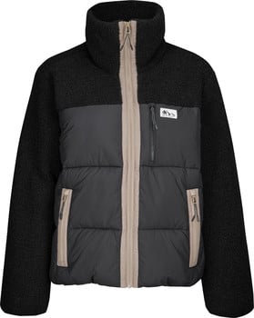 Schwarze Jacke mit beige Reißverschluss und dunkelgrauer gesteppter Vorderseite.