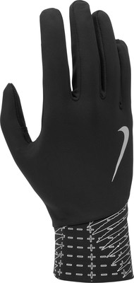 Schwarze Nike-Handschuhe mit Logo und Muster am Handgelenk.