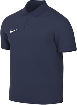 Ein dunkelblaues Nike Poloshirt mit kurzen Ärmeln und weißem Logo.