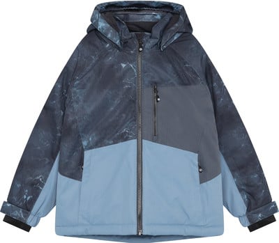 Jungen-Winterjacke mit Kapuze und dunkelblauem Muster. Jungen-Winterjacke mit Kapuze und dunkelblauem Muster.